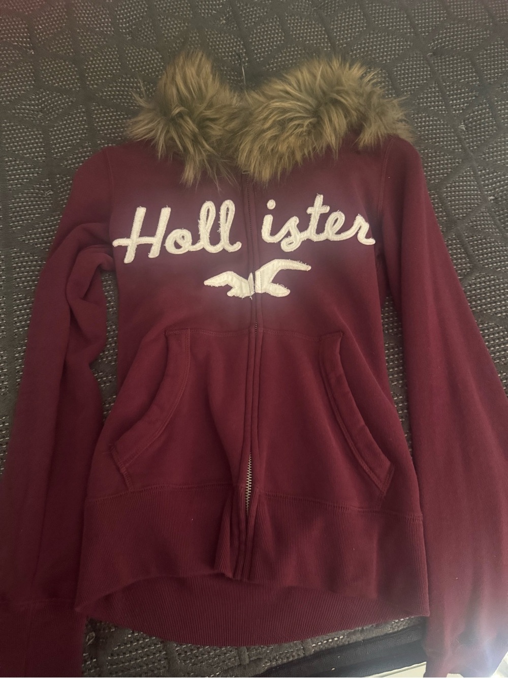 Rare Hollister Maroon Zip Hoodie with Faux Fur Trim